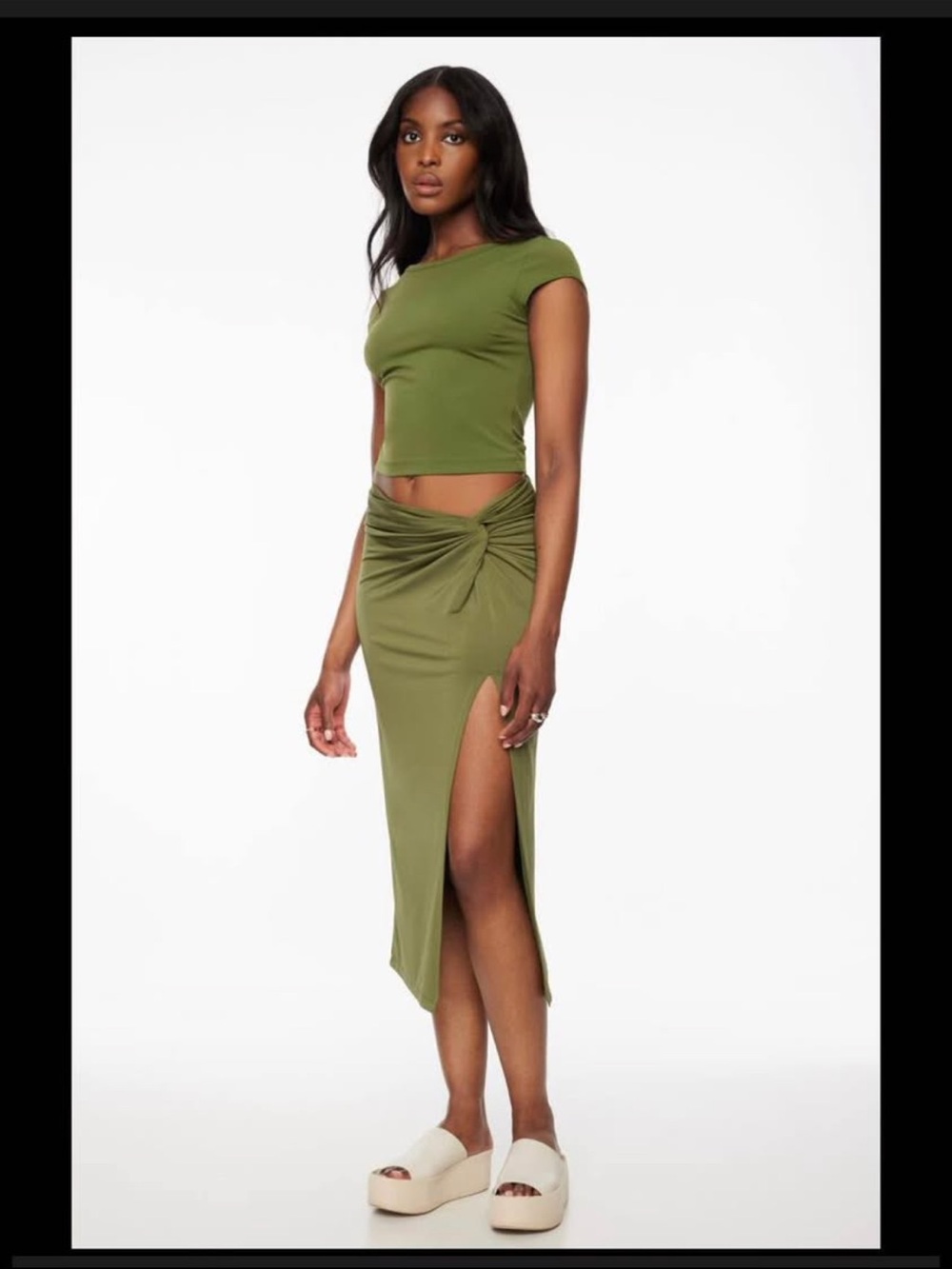 Dynamite Olive Knot-Front Midi Skirt with Side Slit